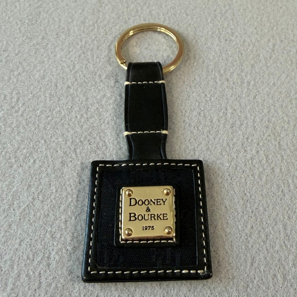 Dooney & Bourke Black Leather Gold Logo Plate Keychain Fob 1975 Monogram